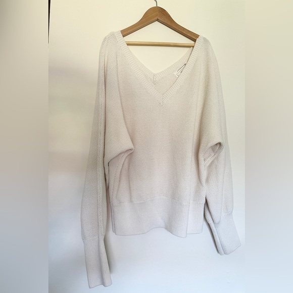 Anthropologie V-Neck Cream Sweater Waffle knit ribbed waist and cuffs Rag M - Picture 1 of 6